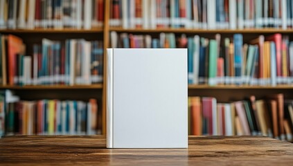 A blank book stands on a wood table, library shelves packed with colorful books in the blurry background
