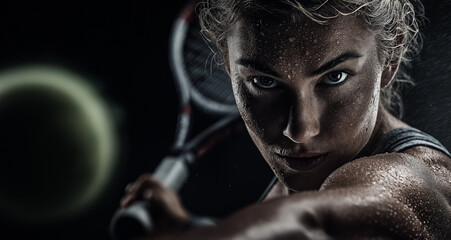 A dynamic shot of the female tennis player in action, hitting a volley her racket.
