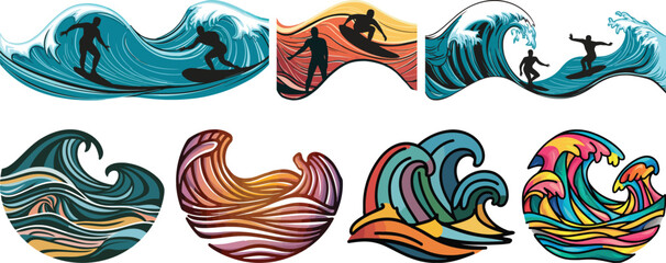 Ocean Wave And Surfing Vector Art Set - Colorful Sea Wave Illustrations