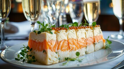 Premium seafood terrine featuring layered salmon and white fish composition topped with fresh microgreens and black caviar pearls served with champagne