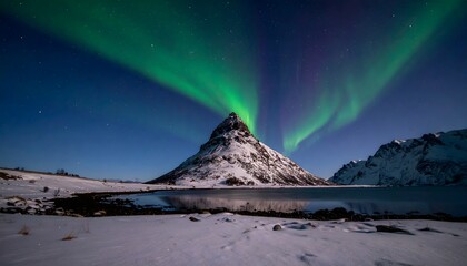 A breathtaking night landscape of a pointed, snow-covered mountain under a spectacular display of green aurora borealis, with a frozen lake reflecting the scene below.
