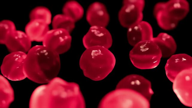 Red tapioca pearls floating in dark liquid creating abstract pattern with bright colors and smooth texture, representing refreshment and modern aesthetic.