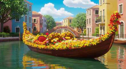 Idyllic venetian canal scene featuring a gondola adorned with vibrant flowers, set against a backdrop of colorful buildings and a picturesque bridge, capturing the serene beauty and timeless allure
