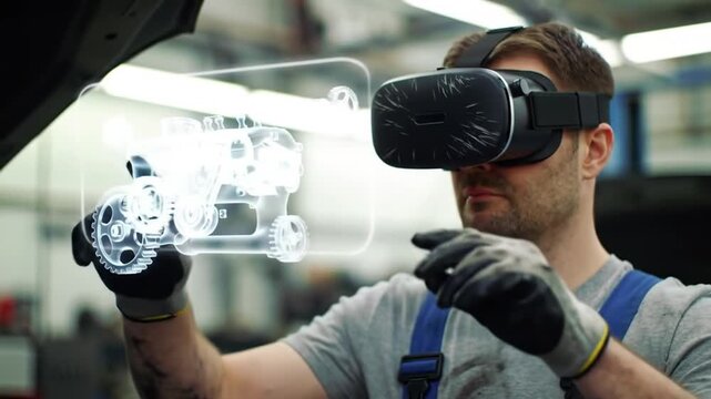 Future Mechanic Man in VR Headset Inspecting Holographic Car Engine in Auto Repair Shop