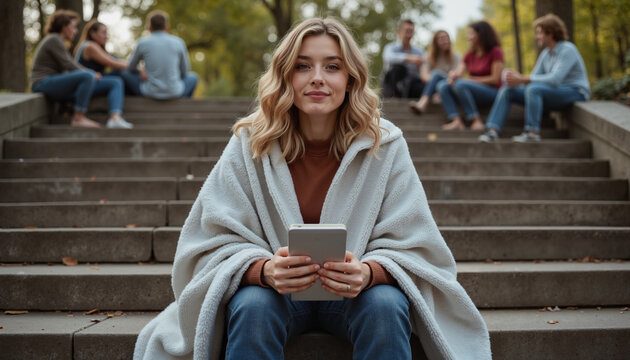 Young woman sitting on campus steps wrapped in blanket and using tablet  