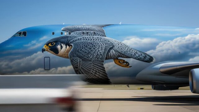 A custom airplane with a realistic airbrush painting. The detailed artwork on the fuselage features a peregrine falcon flying in the sky.