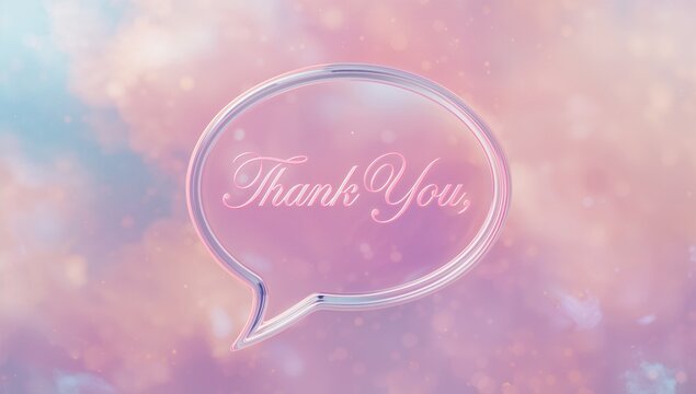 Elegant thank you message displayed inside the transparent speech bubble over a dreamy pastel background featuring soft pink and blue tones, creating a gentle and uplifting mood