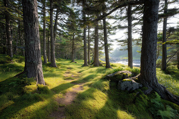 Fototapeta premium bright early morning forest in newfoundland canada surrounded by lush greenery and vibrant wildlife