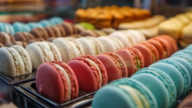 Colorful macarons lined up in a tray, soft focus