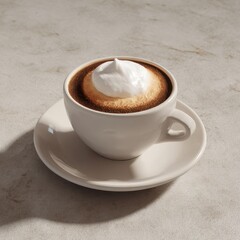 Obraz premium Coffee in a white cup topped with whipped cream, sitting on a white saucer, marble table
