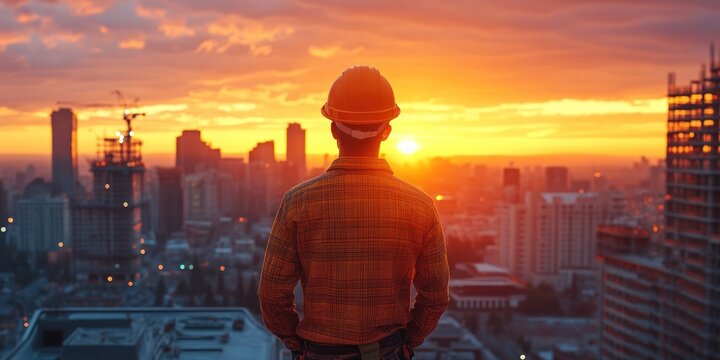 A construction worker in a hardhat surveys a cityscape at sunset. Golden light bathes the skyline, suggesting progress - Powered by Adobe