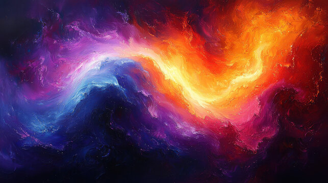 A vibrant, dynamic abstract canvas, where swirling hues of purple, orange, and blue danced and collided, creating a symphony of color and light, inviting the viewer to explore its intricate 