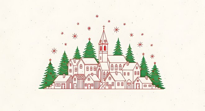 A charming, hand-drawn illustration of a quaint village nestled amongst festive evergreen trees, with delicate red snowflakes falling from above, evoking a c...