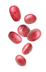 Fresh red potatoes falling on white background