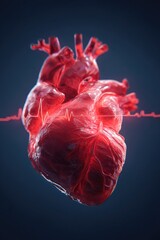 A detailed, three-dimensional rendering of a human heart, glowing red, with a subtle heartbeat monitor line below