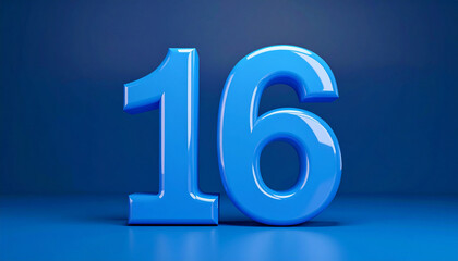 Shiny pink number 16 against deep blue backdrop. Minimalist design.