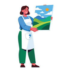 Artist with Artwork: A skilled artist proudly displays her landscape painting, showcasing creativity and passion.