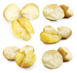 Tasty boiled potatoes isolated on white, collage
