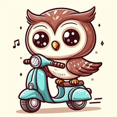 Cute owl playing scooter cartoon vector icon illustration