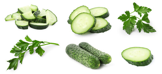 Fresh cucumbers and parsley isolated on white, collage