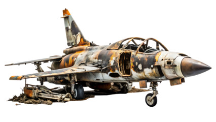 Damaged Jet Fighter Aircraft with Burn Marks and Debris airplane isolated on a transparent background