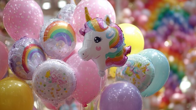 Colorful unicorn balloons decorate a cheerful party setting with festive atmosphere