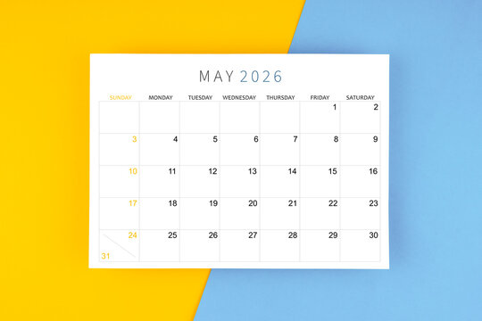 May 2026 calendar page on yellow and blue color background.