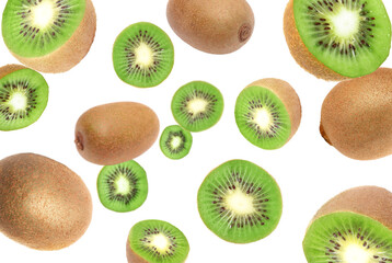 Fototapeta premium Tasty fresh kiwi fruits swirling in air against white background