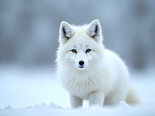 Naklejka premium Arctic fox stands alert in snowy expanse.