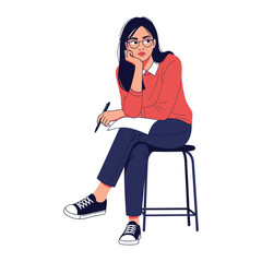 Fototapeta premium Contemplative Seated Woman: A thoughtful woman, perched on a stool, is absorbed in contemplation, sketching on a pad with a pen, showcasing a moment of focused thinking.
