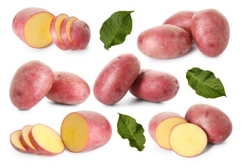 Fresh red potatoes with green leaves isolated on white, collage