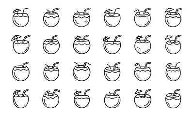 Collection of Black and White Food Icons – Fruits, Drinks, Seafood, Noodles, Pizza, Meat, Desserts, and Bakery Line Vector Illustrations for Restaurant, Cafe, and Food Blog Design