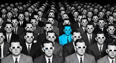 A group of men in suits wearing 3D glasses, with one man standing out in a bright blue shirt, highlighting individuality within conformity.