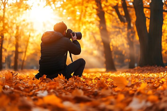 Photographer Capturing Golden Autumn Scenery Fallen Leaves, Bright Sunlight, Park Background