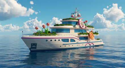 Whimsical Watercraft: A Fantastical Yacht Adorned with Floral Delights and Candy Accents Navigating a Serene Sea Under a Sunny Sky, blending Imagination and Maritime Luxury with Surreal Touches