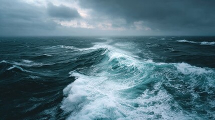 Fototapeta premium Waves crash on a stormy ocean under dark clouds at dawn