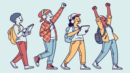 Diverse Group of Happy Students Walking with Tablets and Backpacks.