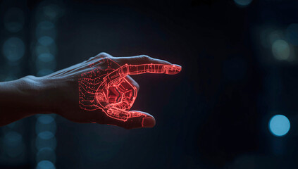 Futuristic Human Hand with Red Digital Hologram Interface in Dark Technology Background