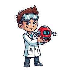 Future Tech Explorer: A young scientist, adorned with safety goggles and a lab coat, holds a compact robot, sparking imagination about future technology and innovation.