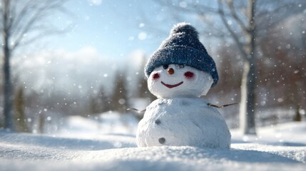 Obraz premium Adorable snowman with knit hat in a winter wonderland scene