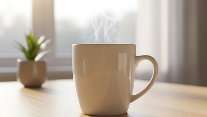 Fototapeta premium Steaming hot coffee mug on a wooden table with morning sunlight