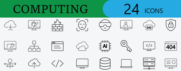 Modern computing icon set featuring cloud technology, AI, cybersecurity, network, server, database, programming, and digital system in vector outline style