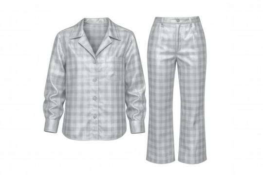 Gray checkered pajama set with long-sleeved shirt and pants, perfect for comfortable sleep and relaxation