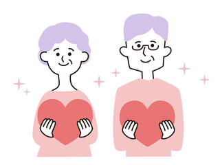 ハートを抱えるシニアカップル 夫婦のイラスト