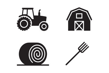 Four simple farm icons tractor barn hay bale pitchfork © Md