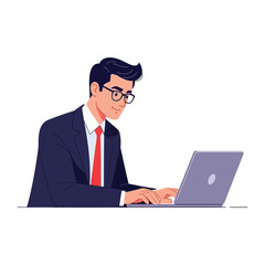 Focused Professional: An illustration of a sharply dressed professional, completely engrossed in his laptop, a vision of concentrated business productivity.
