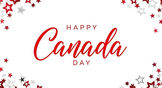 Happy canada day greeting with bold red text and scattered red and silver stars and maple leaves on a clean white background - Powered by Adobe