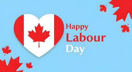Happy labour day greeting with a canadian flag in a heart shape and maple leaves, on a blue background with festive elements