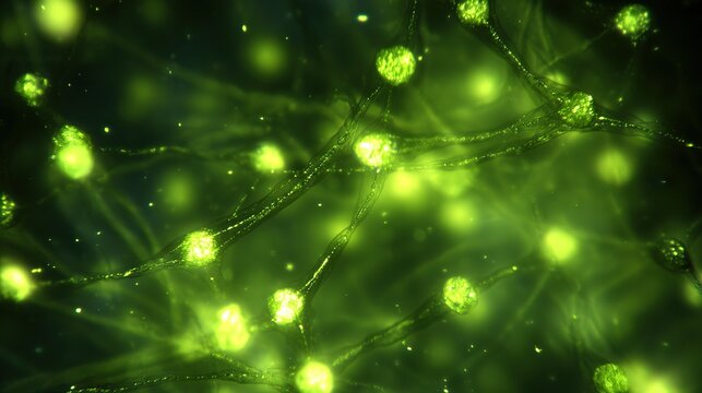 Microscopic view of green tea molecules activating cellular cleanup of neural debris, health-focused imagery.