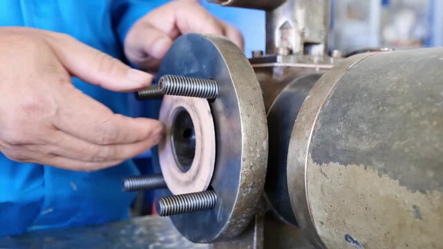 A maintenance technician disassembles a pump flange in a factory workshop, emphasizing precise repair, mechanical expertise, and efficient industrial maintenance practices.